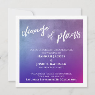 Purple, Pink & Blue Postponed Wedding Update Card