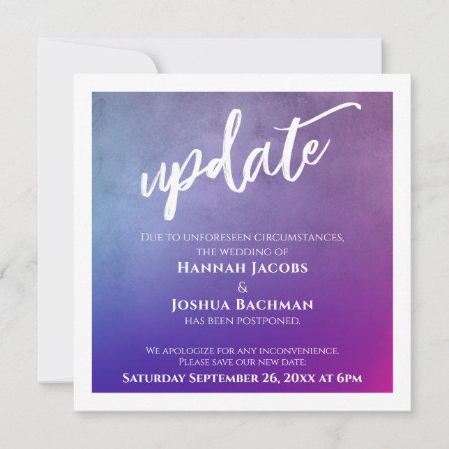 Purple, Pink & Blue Postponed Wedding Update Card (Front)