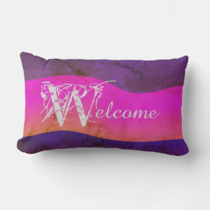 Purple Pink Blue Watercolor Chic Outdoor "Welcome" Lumbar Cushion