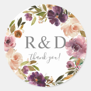 Purple & Pink Blush Floral Monogram -  Classic Rou Round Sticker
