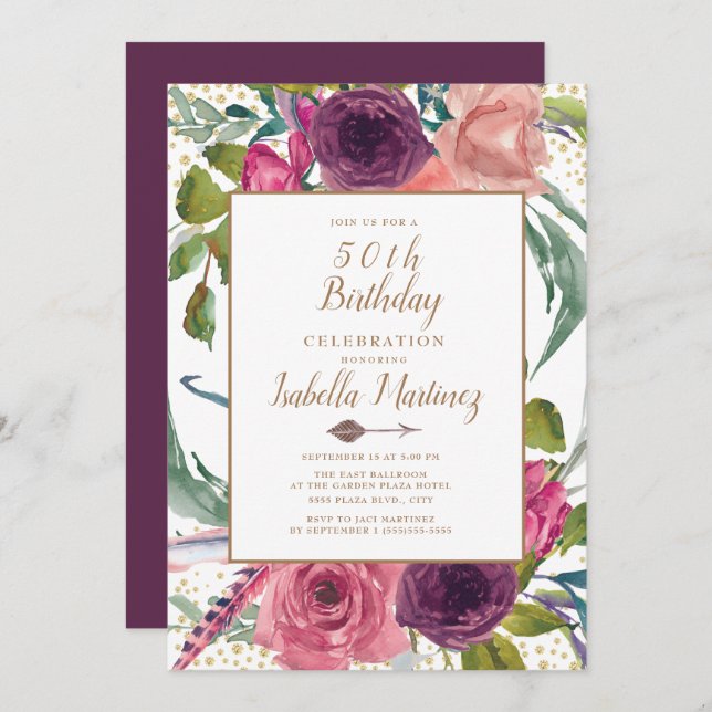 Purple Pink Boho Feather Floral Gold 50th Birthday Invitation (Front/Back)