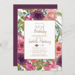 Purple Pink Boho Feather Floral Gold 90th Birthday Invitation<br><div class="desc">Purple,  burgundy,  and blush pink boho-style floral,  feathers,  and arrow with gold glitter 90th birthday party invitation.  Contact us for help with customisation or to request matching products.</div>