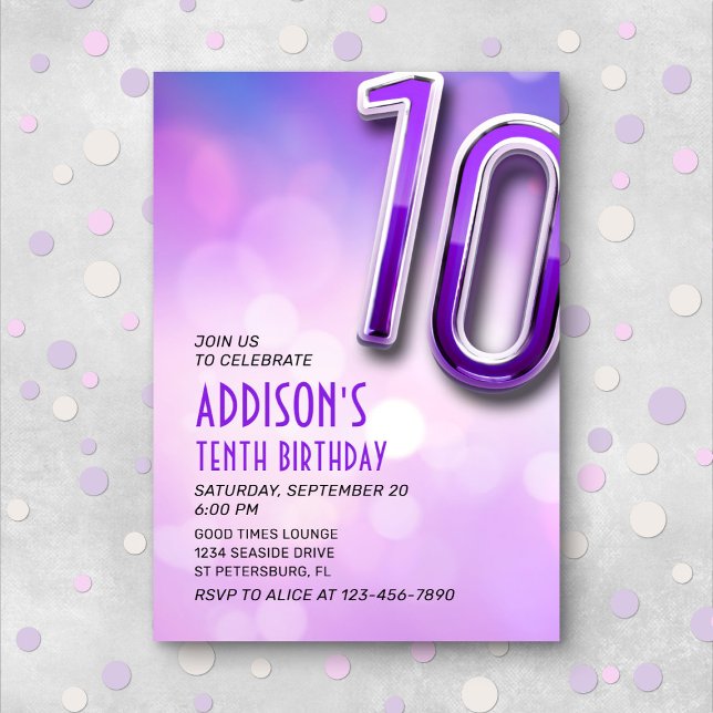 Purple Pink Bokeh 10th Birthday Invitation (Creator Uploaded)