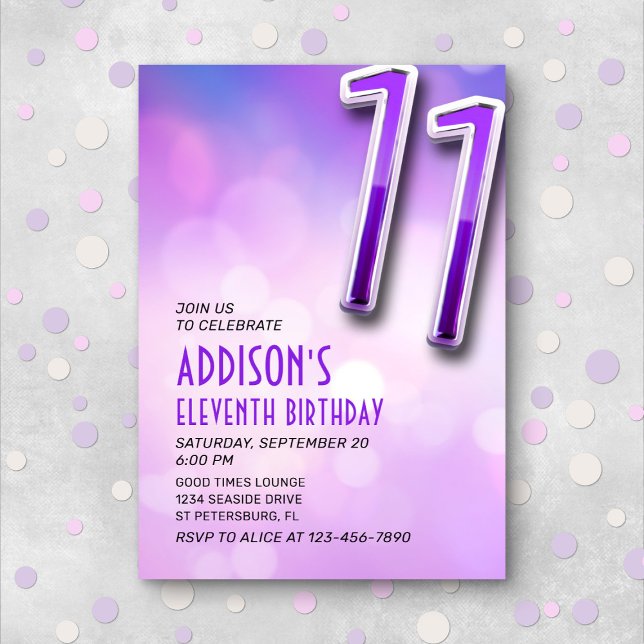 Purple Pink Bokeh 11th Birthday Invitation (Creator Uploaded)