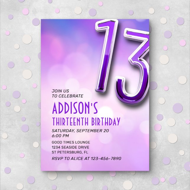Purple Pink Bokeh 13th Birthday Invitation (Creator Uploaded)