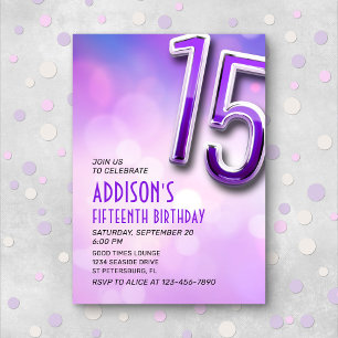 Purple Pink Bokeh 15th Birthday Invitation