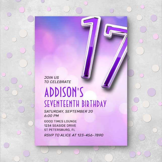 Purple Pink Bokeh 17th Birthday Invitation (Creator Uploaded)