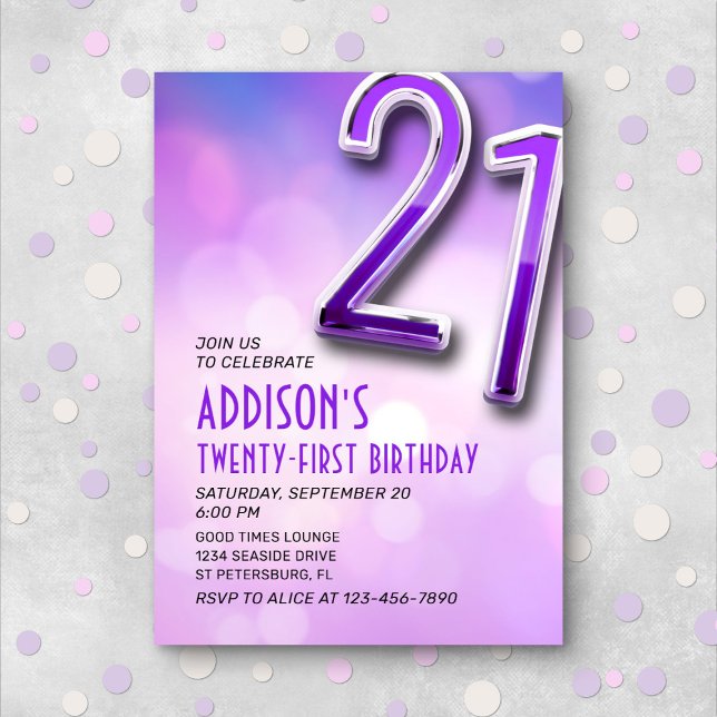 Purple Pink Bokeh 21st Birthday Invitation (Creator Uploaded)