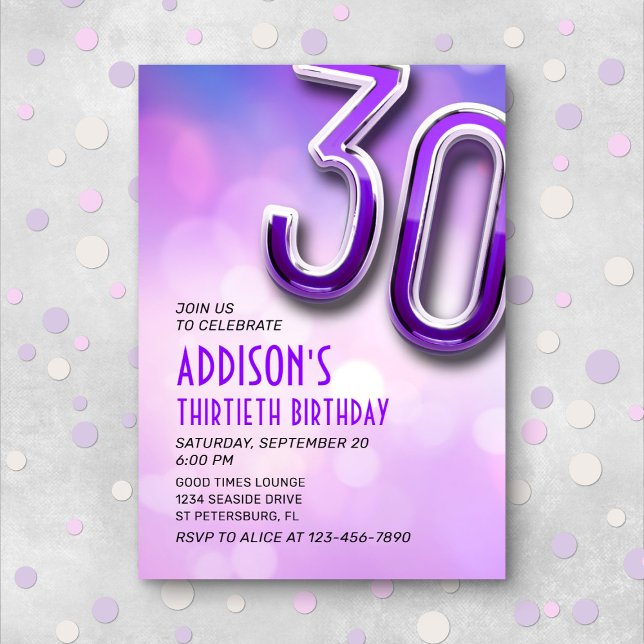 Purple Pink Bokeh 30th Birthday Invitation (Creator Uploaded)