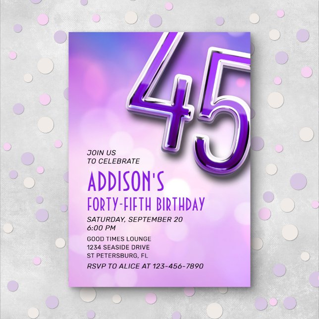 Purple Pink Bokeh 45th Birthday Invitation (Creator Uploaded)