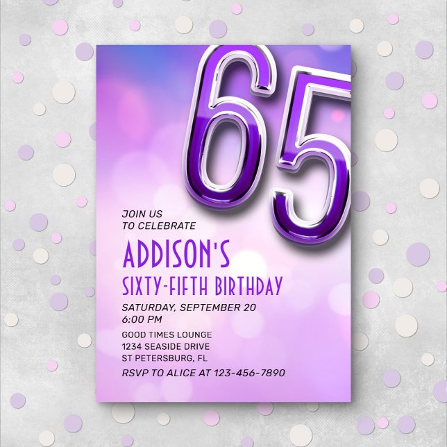 Purple Pink Bokeh 65th Birthday Invitation (Creator Uploaded)