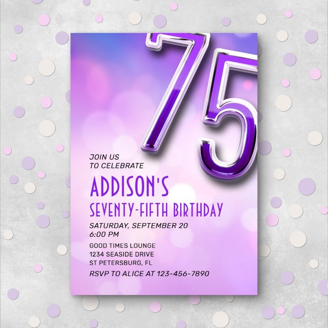 Purple Pink Bokeh 75th Birthday Invitation (Creator Uploaded)