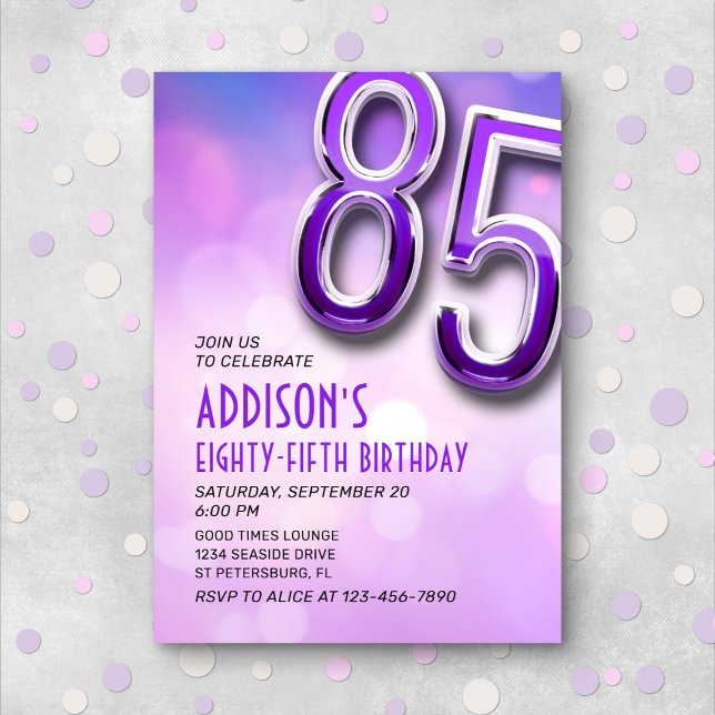 Purple Pink Bokeh 85th Birthday Invitation (Creator Uploaded)