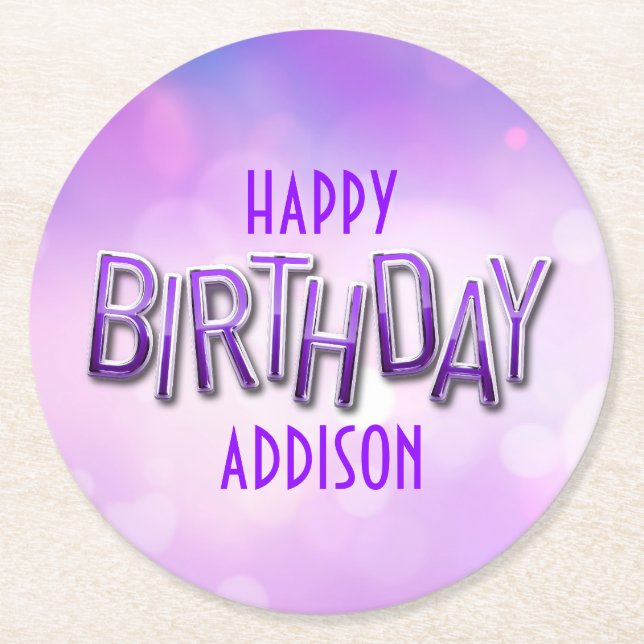 Purple Pink Bokeh Birthday Round Paper Coaster (Front)