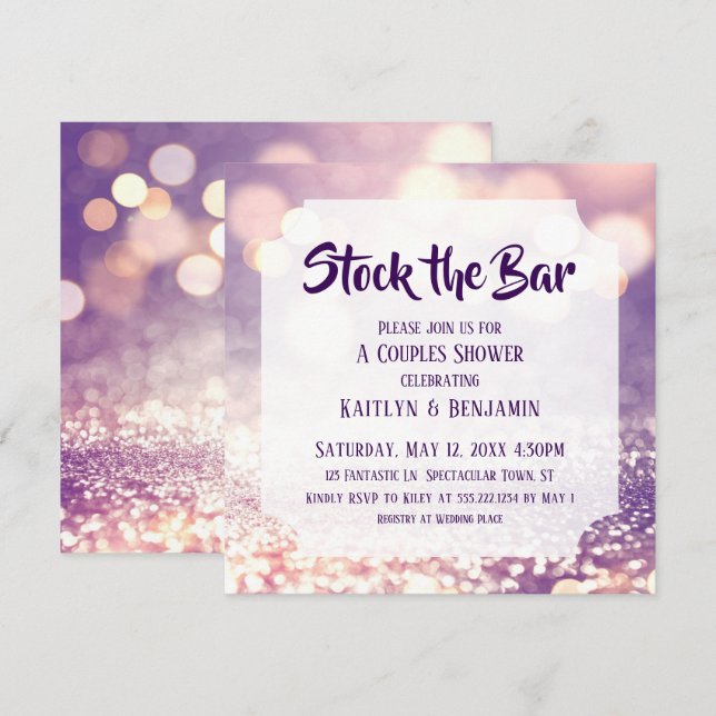 Purple & Pink Bokeh, Stock the Bar Couples Shower Invitation (Front/Back)