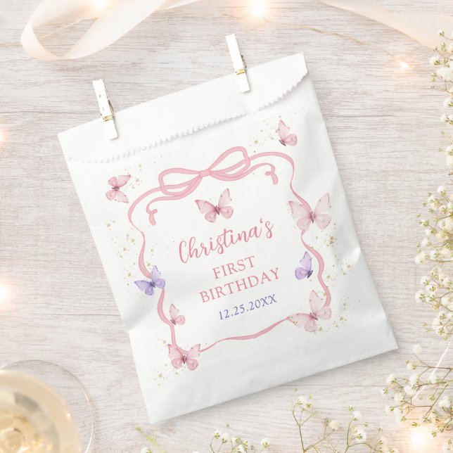 Purple Pink Bow Butterfly Birthday Party Favour Bag (Clipped)