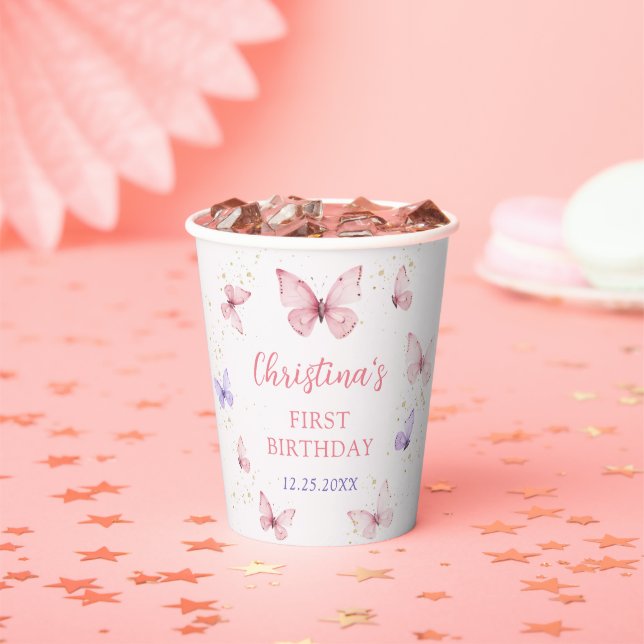 Purple Pink Bow Butterfly Birthday Party Paper Cups (Insitu)