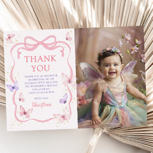 Purple Pink Bow Butterfly Birthday Party Photo Thank You Card