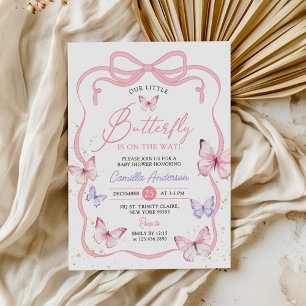 Purple Pink Bow Butterfly Girl Baby Shower Invitation