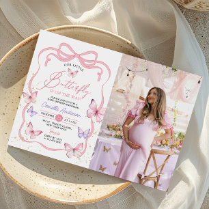 Purple Pink Bow Butterfly Girl Baby Shower Photo Invitation