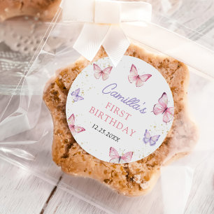 Purple Pink Bow Butterfly Girl Birthday Party Classic Round Sticker