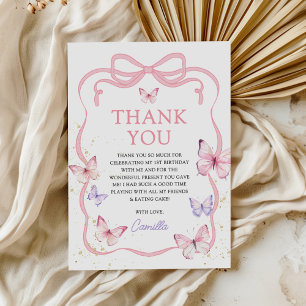 Purple Pink Bow Butterfly Girl Birthday Party Thank You Card