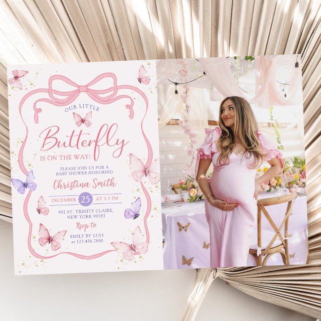 Purple Pink Bow Little Butterfly Baby Shower Photo Invitation (Creator Uploaded)