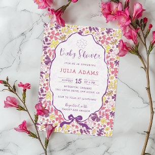 Purple Pink Bow Wildflowers Blooms Baby Shower Invitation