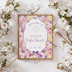 Purple Pink Bow Wildflowers Blooms Baby Shower Poster