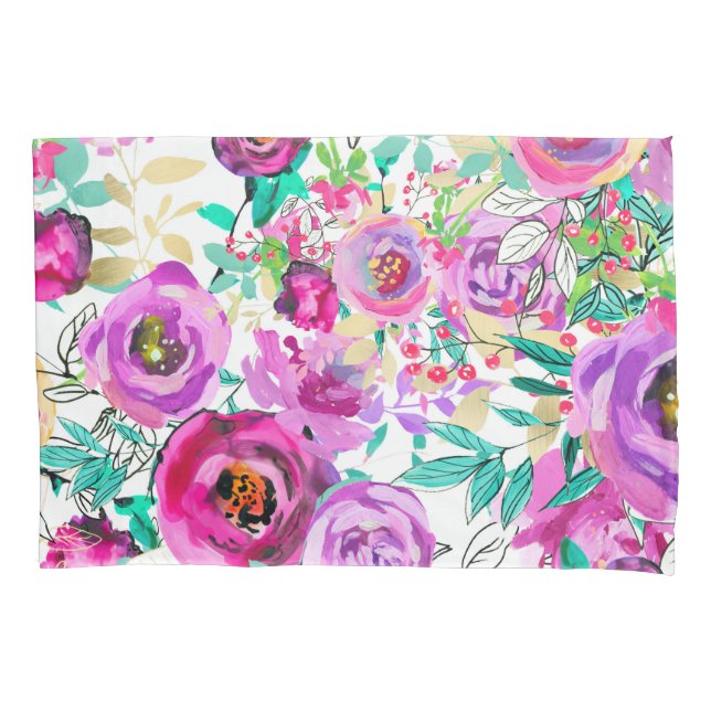 Purple Pink Bright Colourful Chic Modern Floral Pillowcase (Front)
