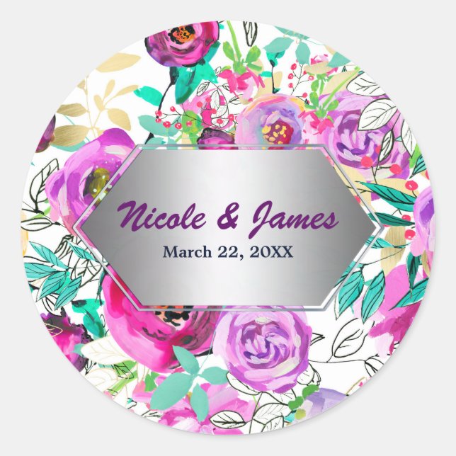 Purple Pink Bright Colourful Modern Floral Favour Classic Round Sticker (Front)