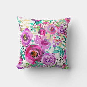 Purple Pink Bright Colourful Modern Floral Pattern Cushion