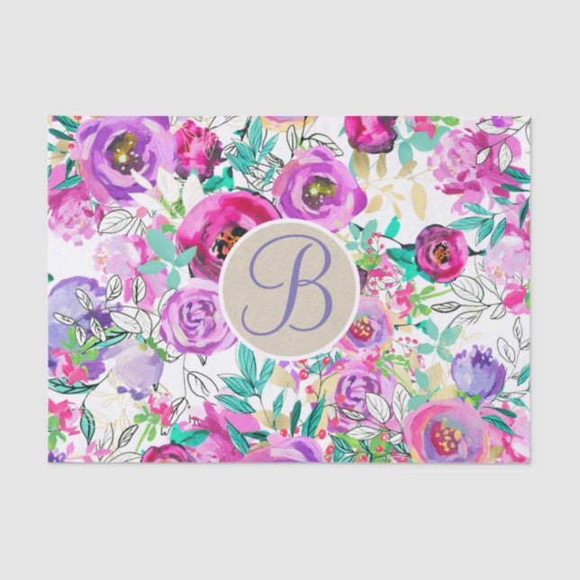 Purple Pink Bright Floral Monogram Letter Initial Tissue Paper (Front)