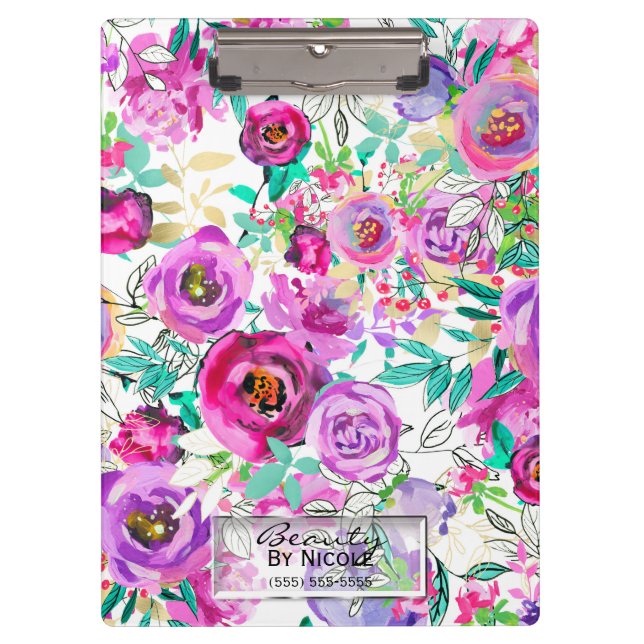 Purple Pink Bright Modern Floral Personalised Clipboard (Front)