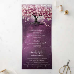 Purple Pink Burgundy Wine Heart Leaf Tree Wedding Tri-Fold Invitation