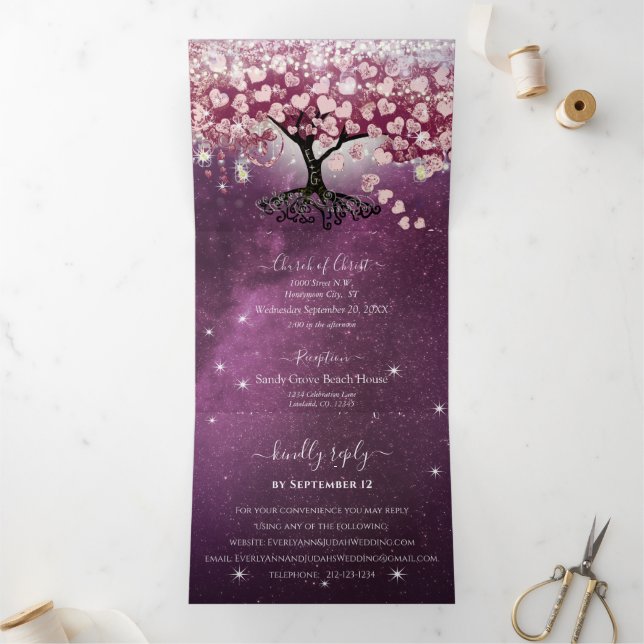 Purple Pink Burgundy Wine Heart Leaf Tree Wedding Tri-Fold Invitation (Inside)