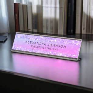 Purple Pink Business Glitter Sparkle Modern Chic Desk Name Plate