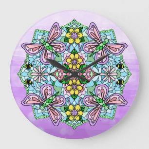 Purple, Pink Butterflies and Flowers Mandala  Large Clock