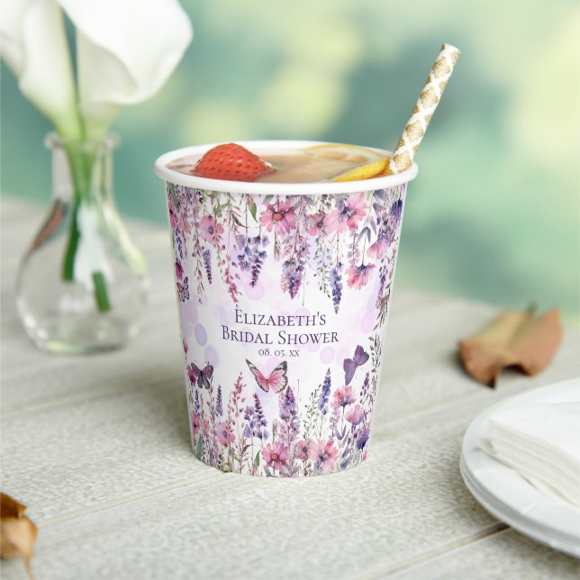 Purple Pink Butterflies and Wildflowers Floral Paper Cups (Insitu)