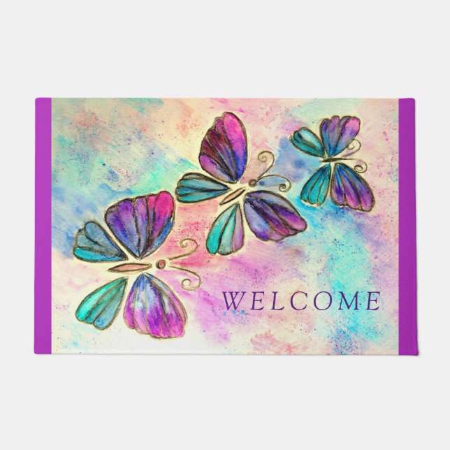 Purple Pink Butterflies Doormat (Front)
