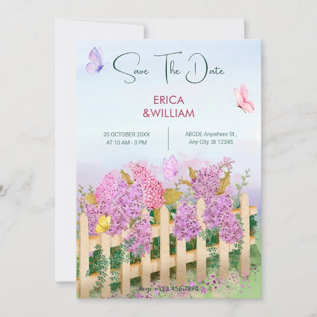 Purple Pink butterflies Garden wedding Save The Date (Front)