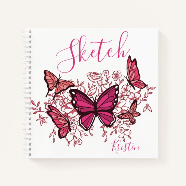 Purple Pink Butterflies With Name Sketchbook Notebook (Front)