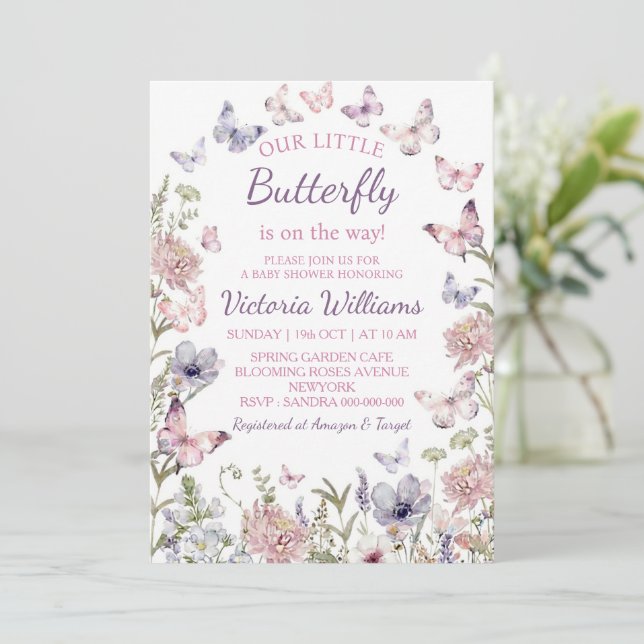 Purple Pink Butterfly Baby Girl Baby Shower Invitation (Standing Front)