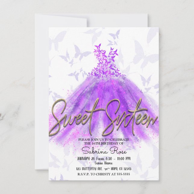 Purple & Pink Butterfly Dance Dress Sweet 16 Party Invitation (Front)
