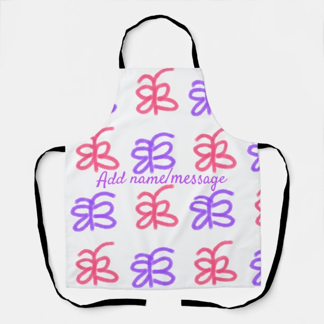 Purple pink butterfly doodle pattern add name text apron (Front)