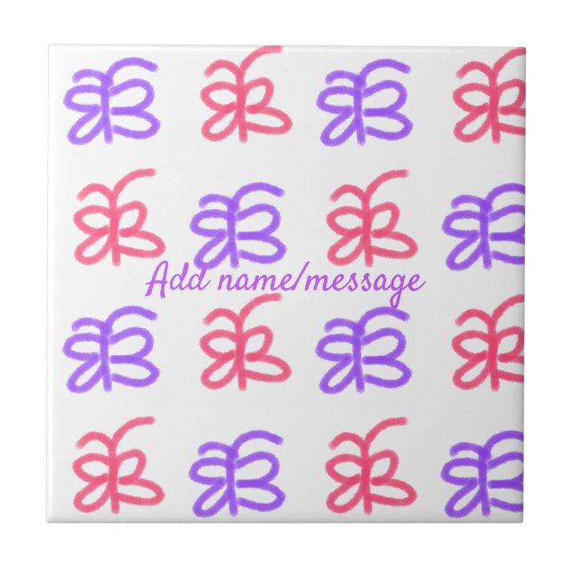 Purple pink butterfly doodle pattern add name text ceramic tile (Front)