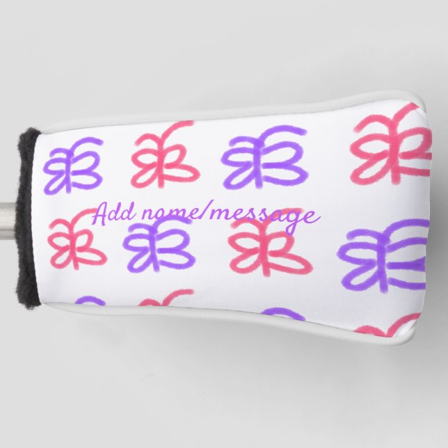 Purple pink butterfly doodle pattern add name text golf head cover (Front)