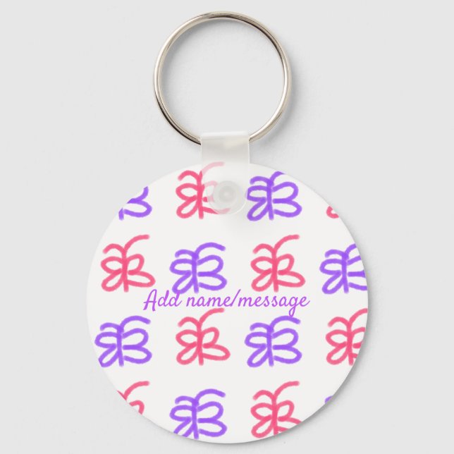Purple pink butterfly doodle pattern add name text key ring (Front)
