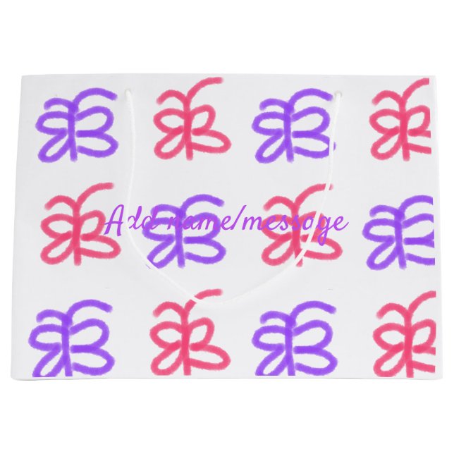 Purple pink butterfly doodle pattern add name text large gift bag (Front)