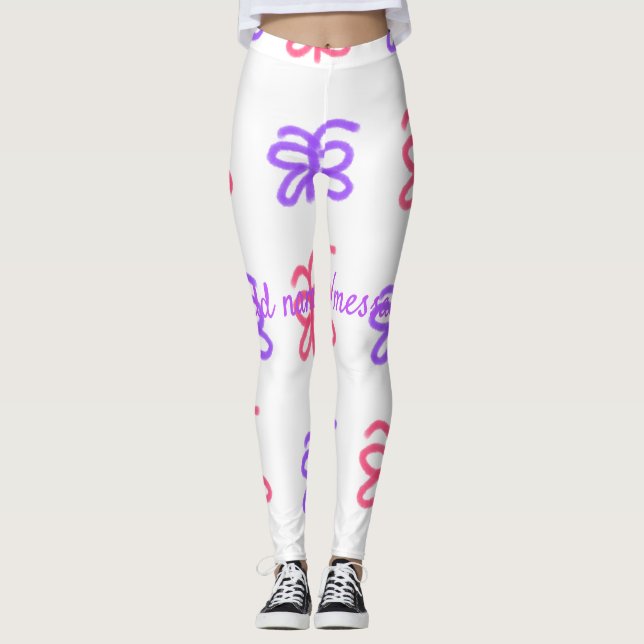 Purple pink butterfly doodle pattern add name text leggings (Front)